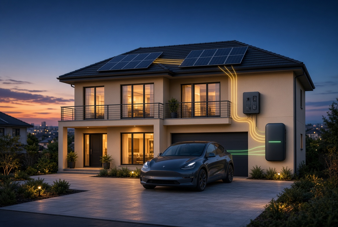 Solar house at dusk
